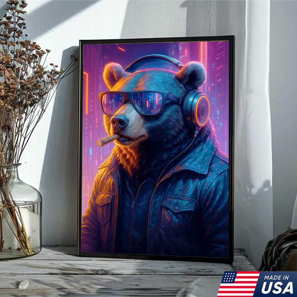 Cyberpunk Bear Wall Art Canvas, Cool DJ Bear with Headphones Neon City Decor