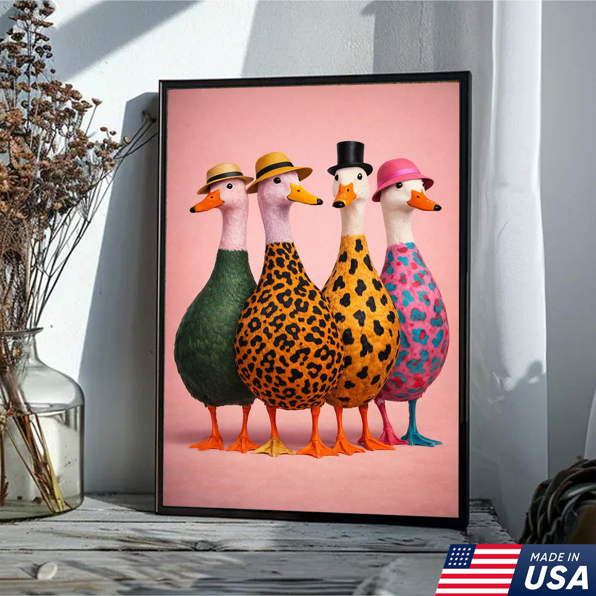 Funny Duck Canvas Wall Art – Colorful Ducks With Hats Painting