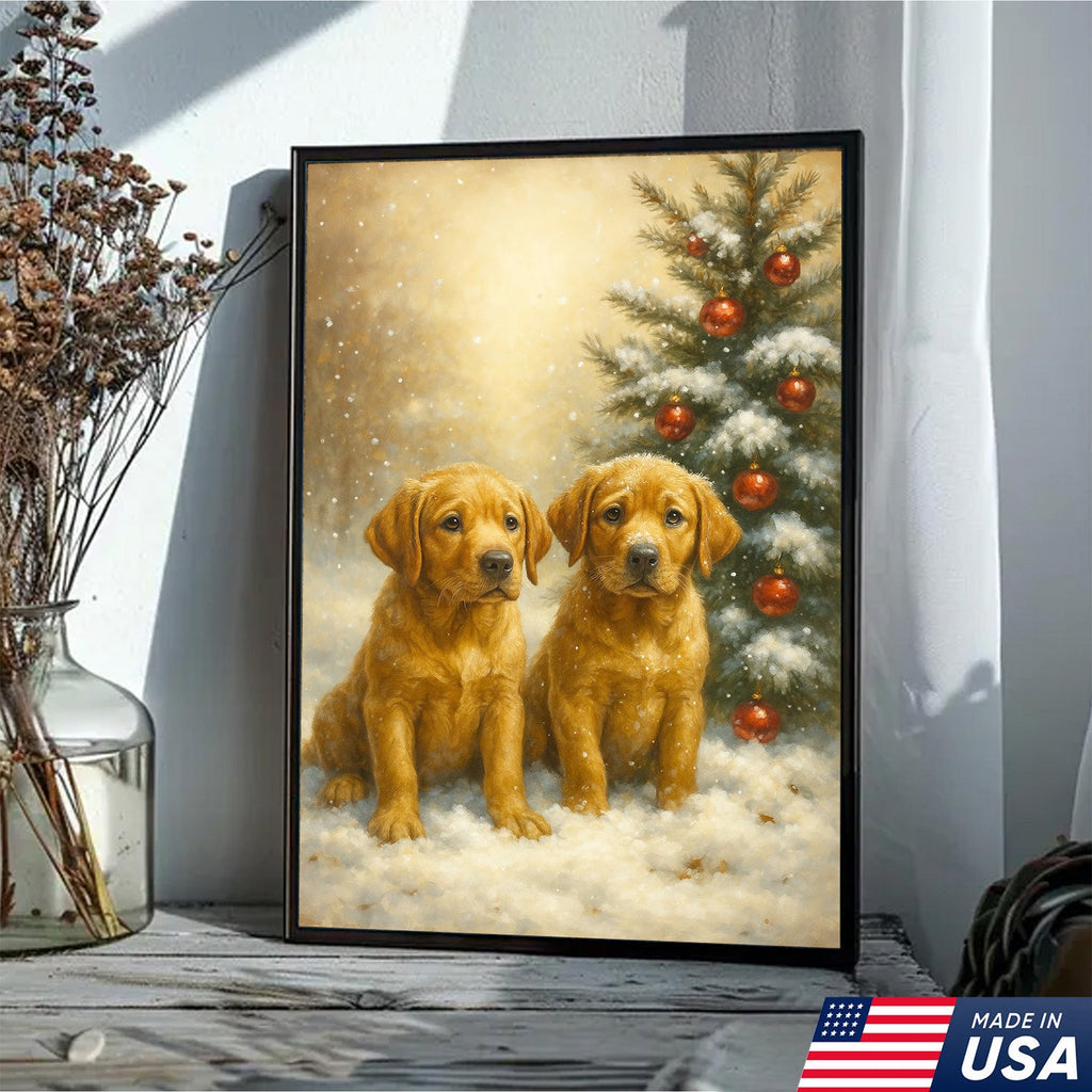 Christmas Golden Puppies Canvas Wall Art – Cute Labrador Dog Holiday Canvas Print