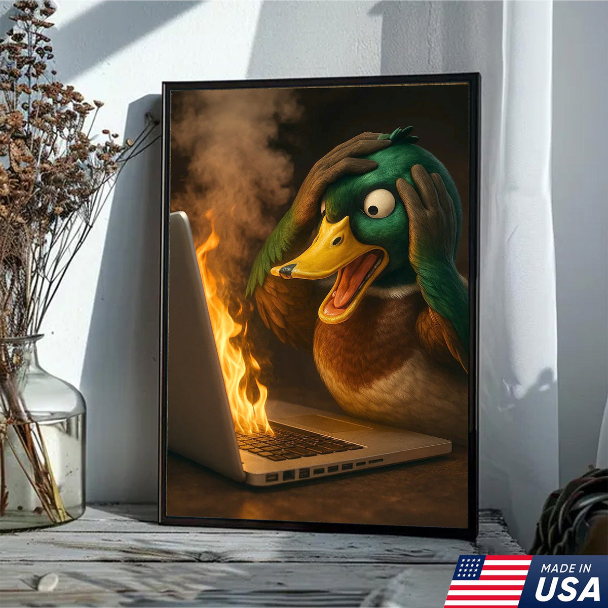 Funny Duck Screaming at Burning Laptop Canvas Wall Art, Hilarious Tech Fail Gift