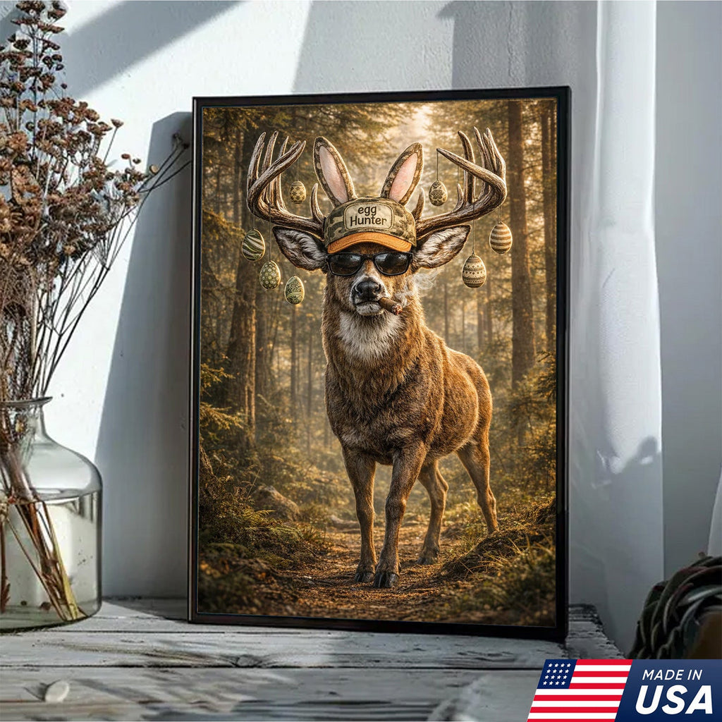 Funny Easter Deer Canvas Wall Art, Cool Egg Hunter Buck with Sunglasses