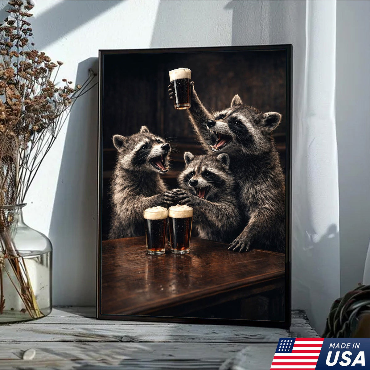 Funny Party Raccoon Wall Art Canvas Print, Wild Friends Celebration Animal Illustration