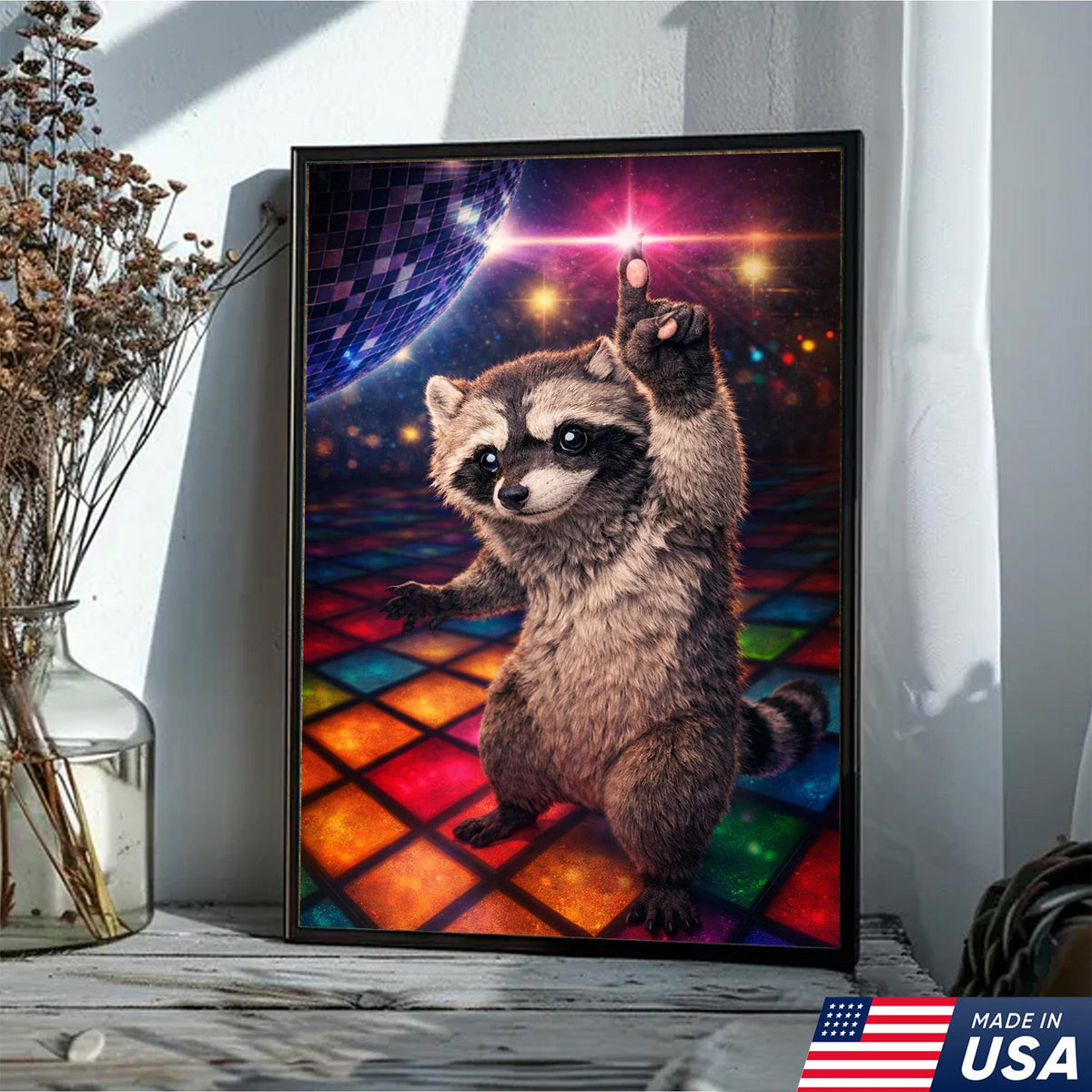 Disco Raccoon Wall Art Canvas Print, Funny Dancing Animal Illustration