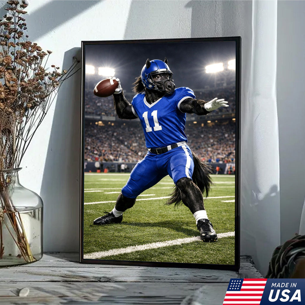 Power Stallion Quarterback Canvas Wall Art – Blue Uniform Horse Athlete Action Print
