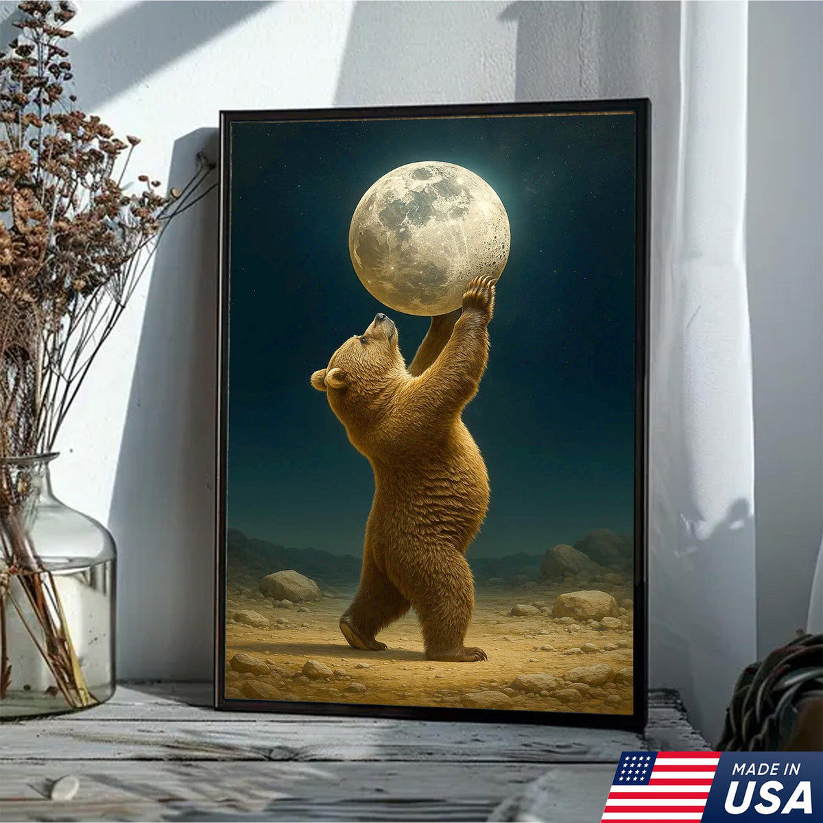 Bear Holding Full Moon Canvas Wall Art, Surreal Night Sky Decor, Rustic Cabin Nature Print
