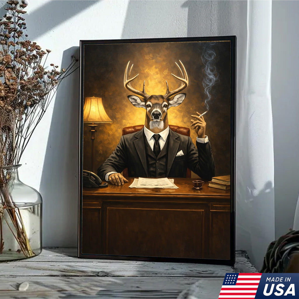 Anthropomorphic Deer Businessman Canvas Wall Art, Surreal Animal Portrait Artwork