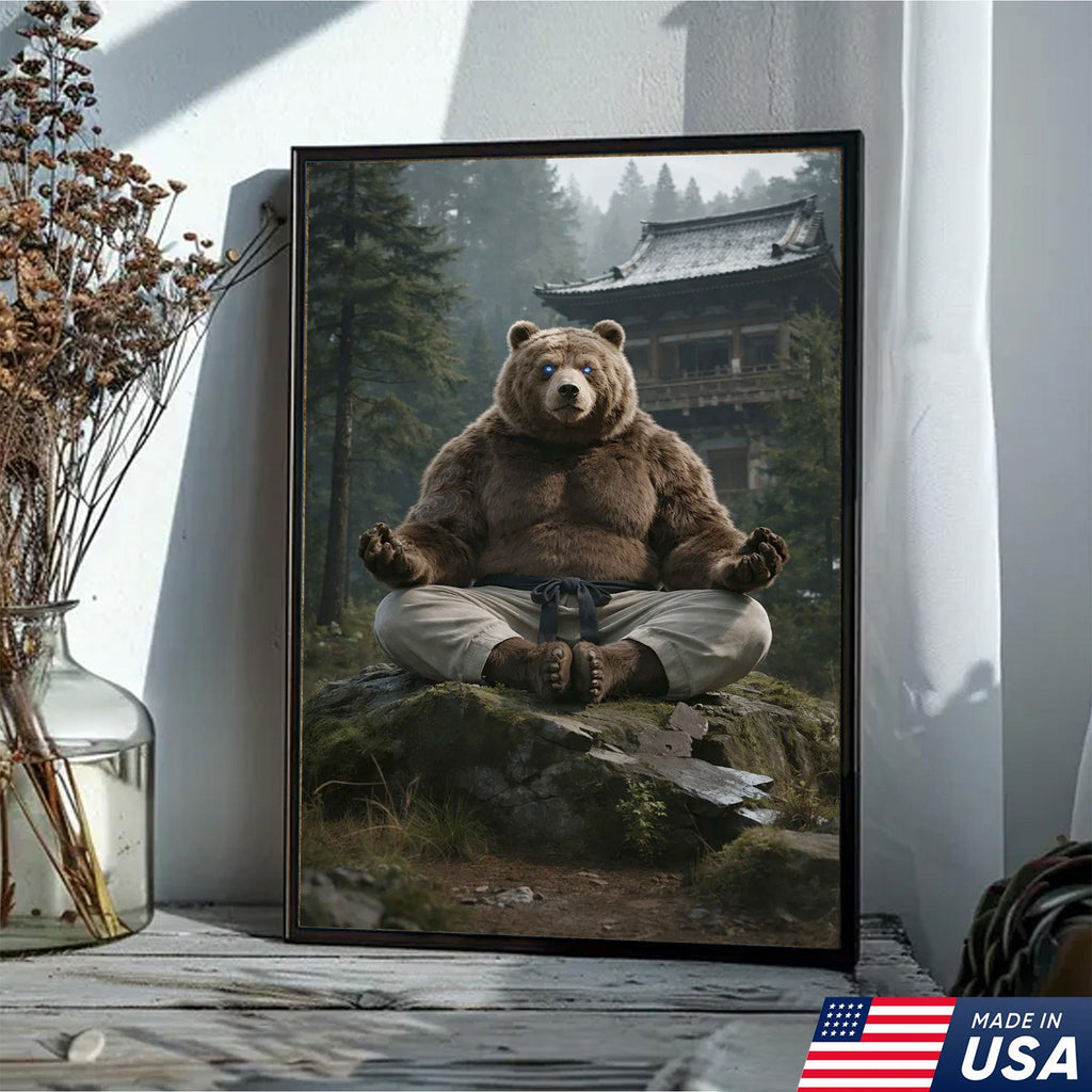 Zen Meditating Bear Canvas Wall Art, Martial Arts Bear in Forest Temple
