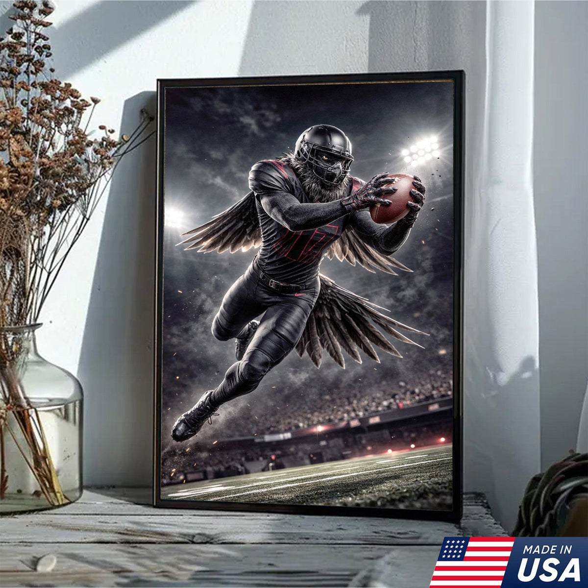 Dark Raven Football Canvas Wall Art – Black Winged Athlete Stadium Action Print