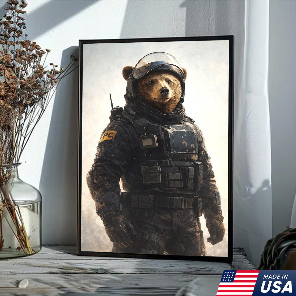 Tactical Bear Soldier Canvas Wall Art – Realistic Military Animal Print