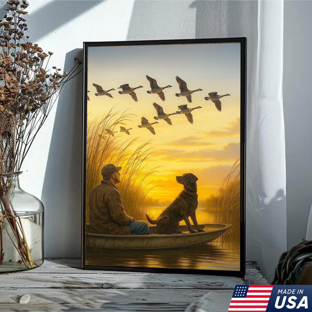 Waterfowl Hunting Wall Art – Duck Flock at Dawn, Hunter & Retriever In Boat, Rustic Decor