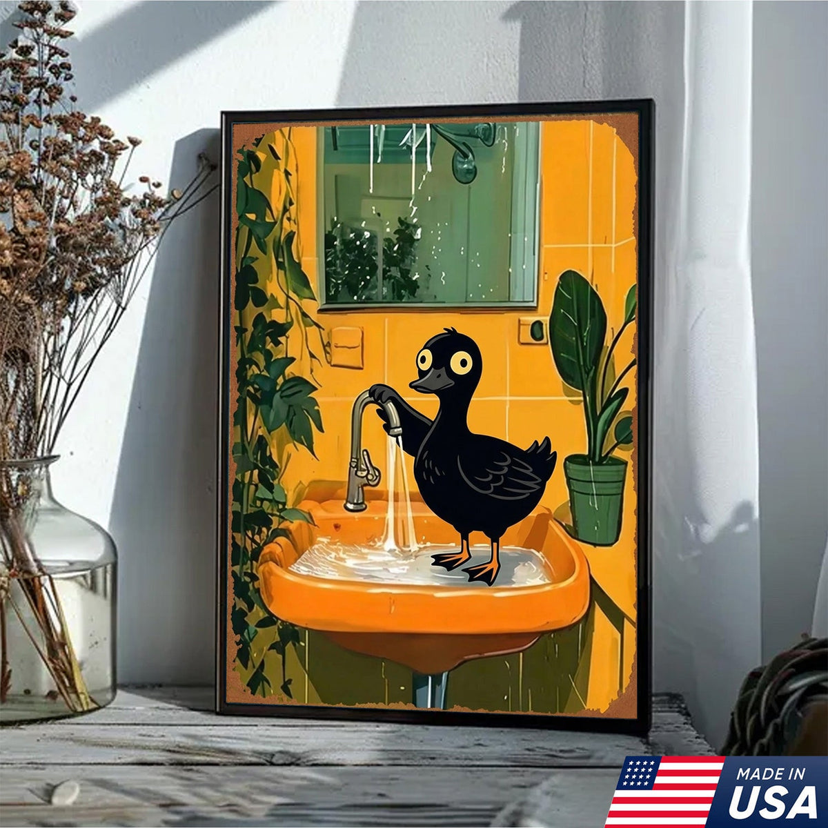 Funny Black Duck Bathroom Canvas Wall Art – Whimsical Bird in Sink Illustration