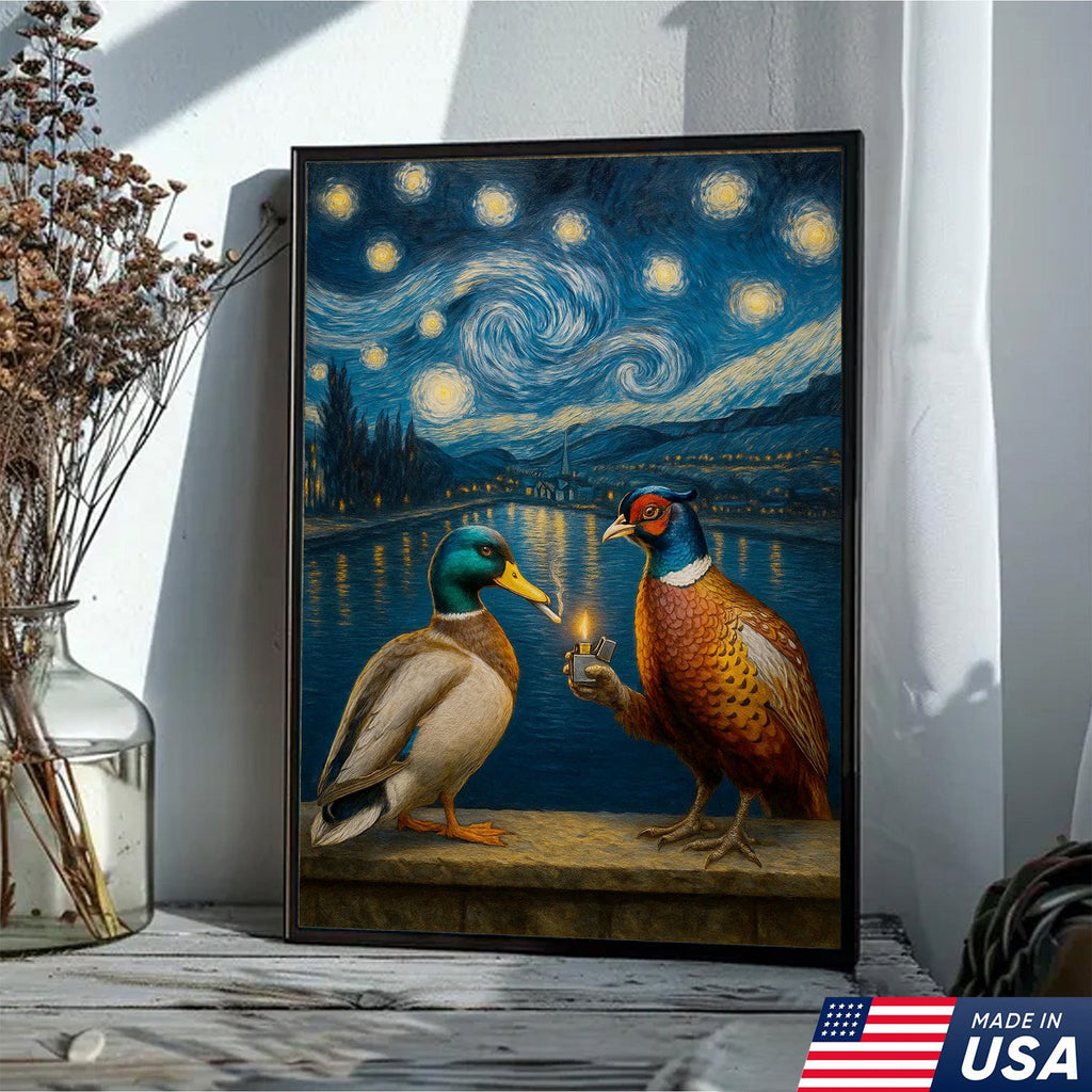 Starry Night Duck and Pheasant Canvas Wall Art, Van Gogh Inspired Wildlife Painting