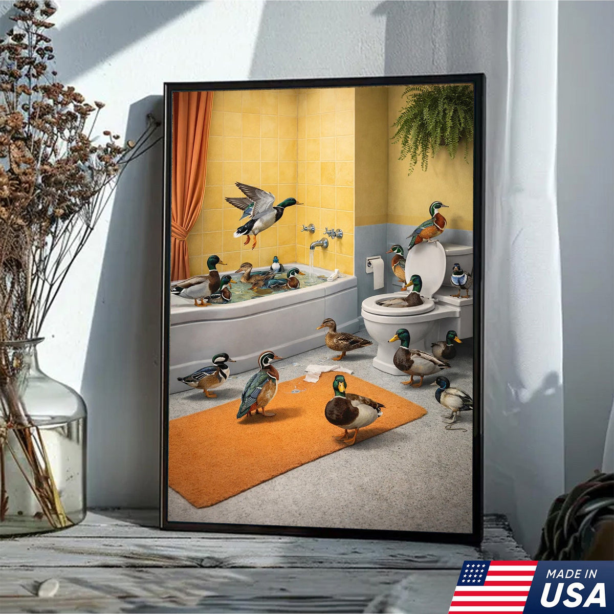 Funny Duck Bathroom Canvas, Farm Animal Wall Art, Quirky Decor