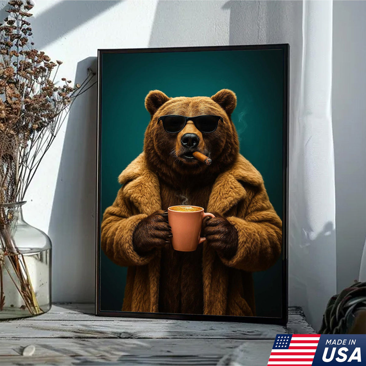 Cool Bear Wall Art Canvas - Smoking Bear Print, Funny Cigar Bear Decor