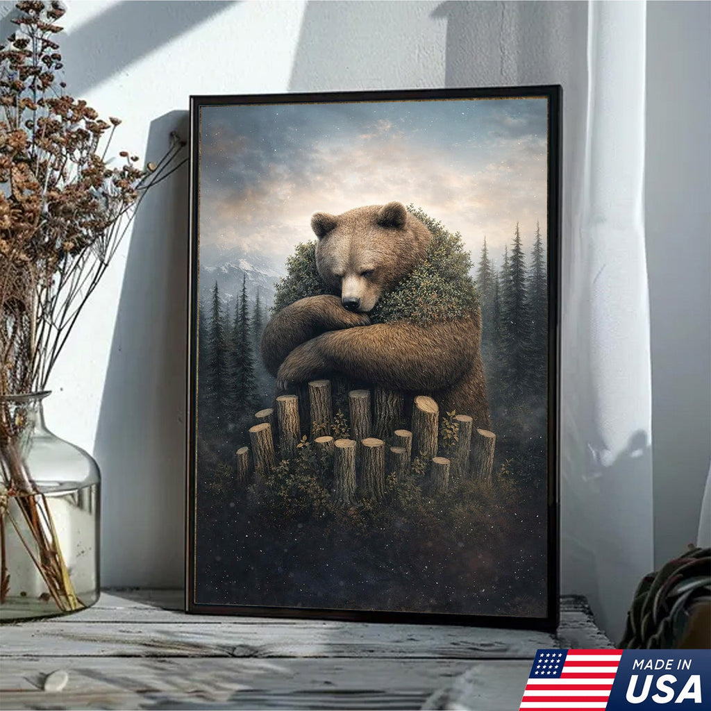 Gentle Bear Forest Canvas Wall Art, Whimsical Nature Bear Illustration