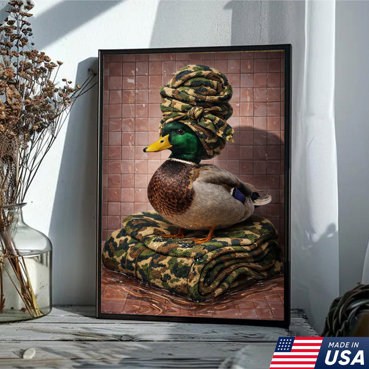 Funny Hunting Duck Bathroom Canvas – Camo Spa Duck Wall Art