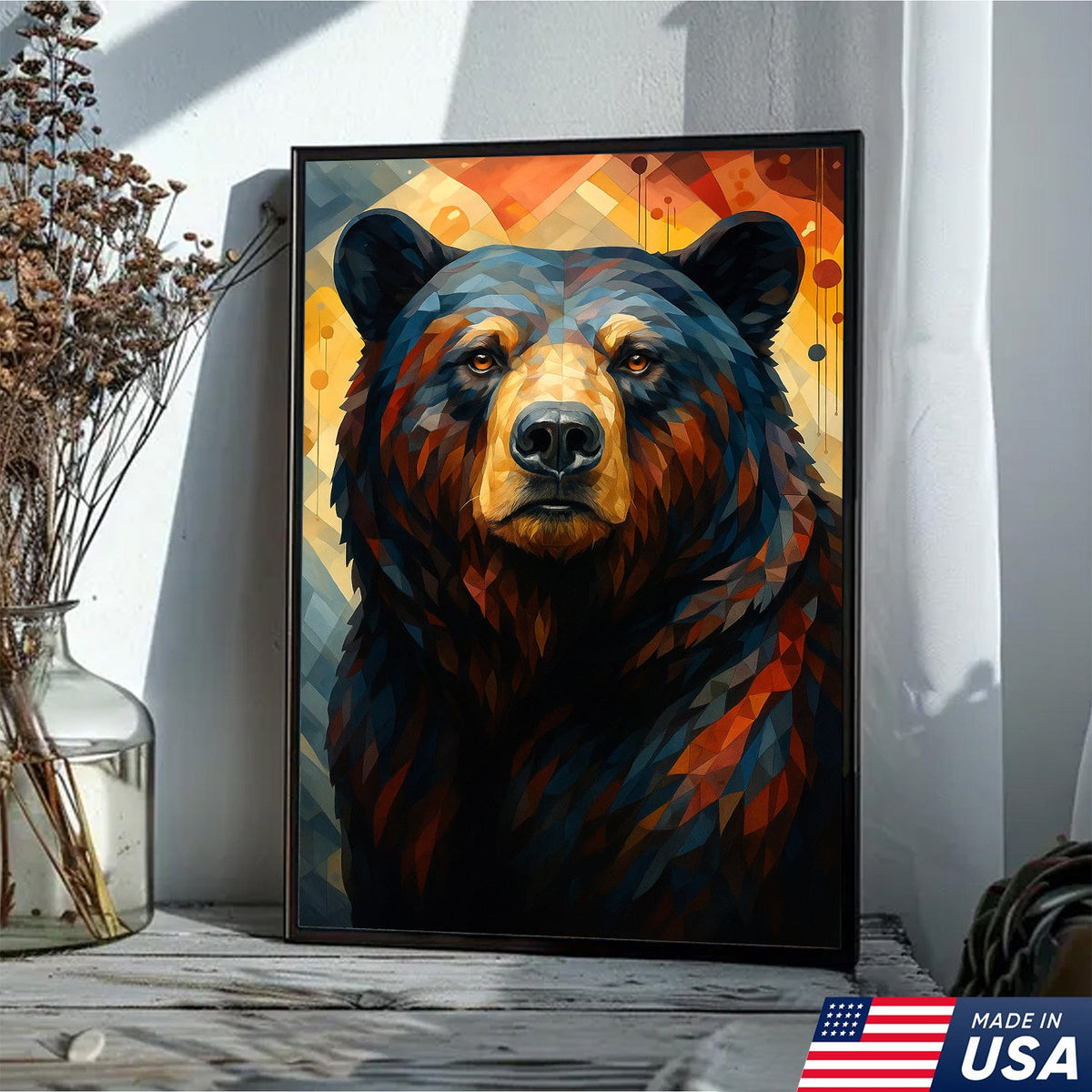 Geometric Bear Portrait Canvas – Modern Rustic Wall Art for Cabin & Man Cave Decor