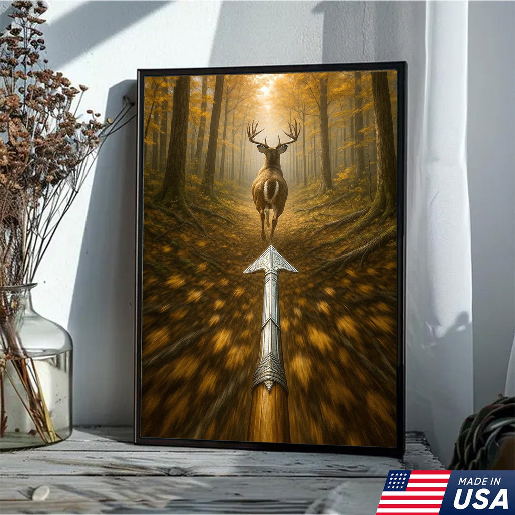 Deer Bow Hunting Canvas Wall Art, Arrowhead Forest Scene Artwork, Rustic Cabin Decor for Hunters