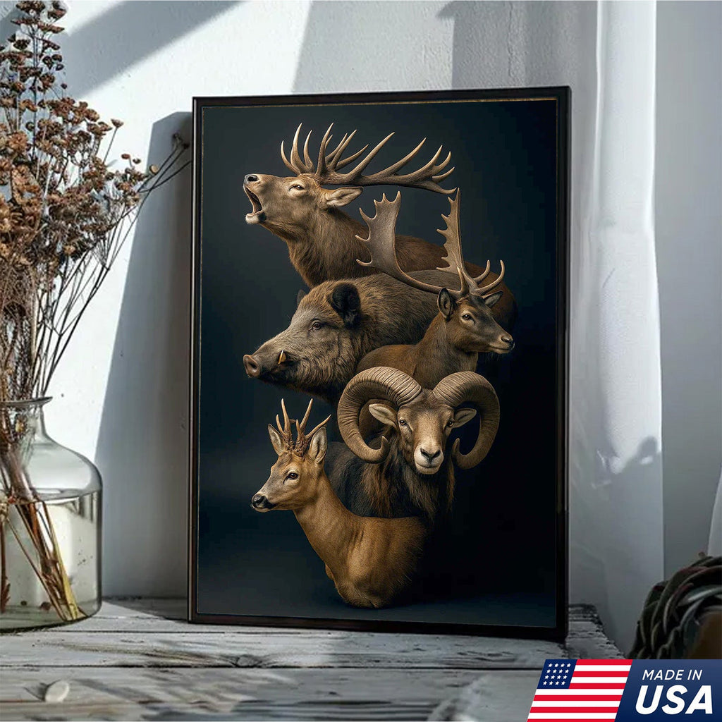 Wild Game Animal Canvas Wall Art, Deer Boar Ram Elk Artwork, Rustic Cabin Decor for Hunters
