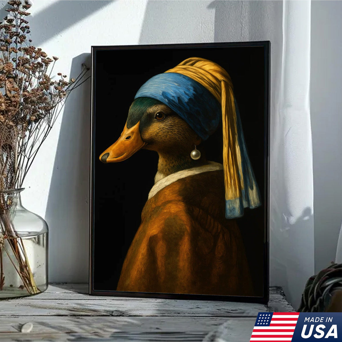Duck with Pearl Earring Portrait Canvas, Funny Parody Duck Wall Art