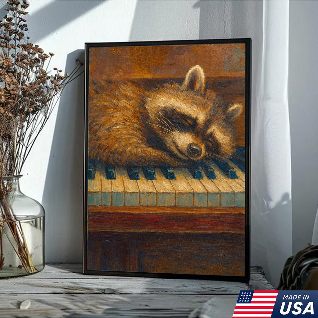 Sleeping Raccoon Wall Art Canvas - Cozy Animal Wall Decor, Cute Raccoon Painting