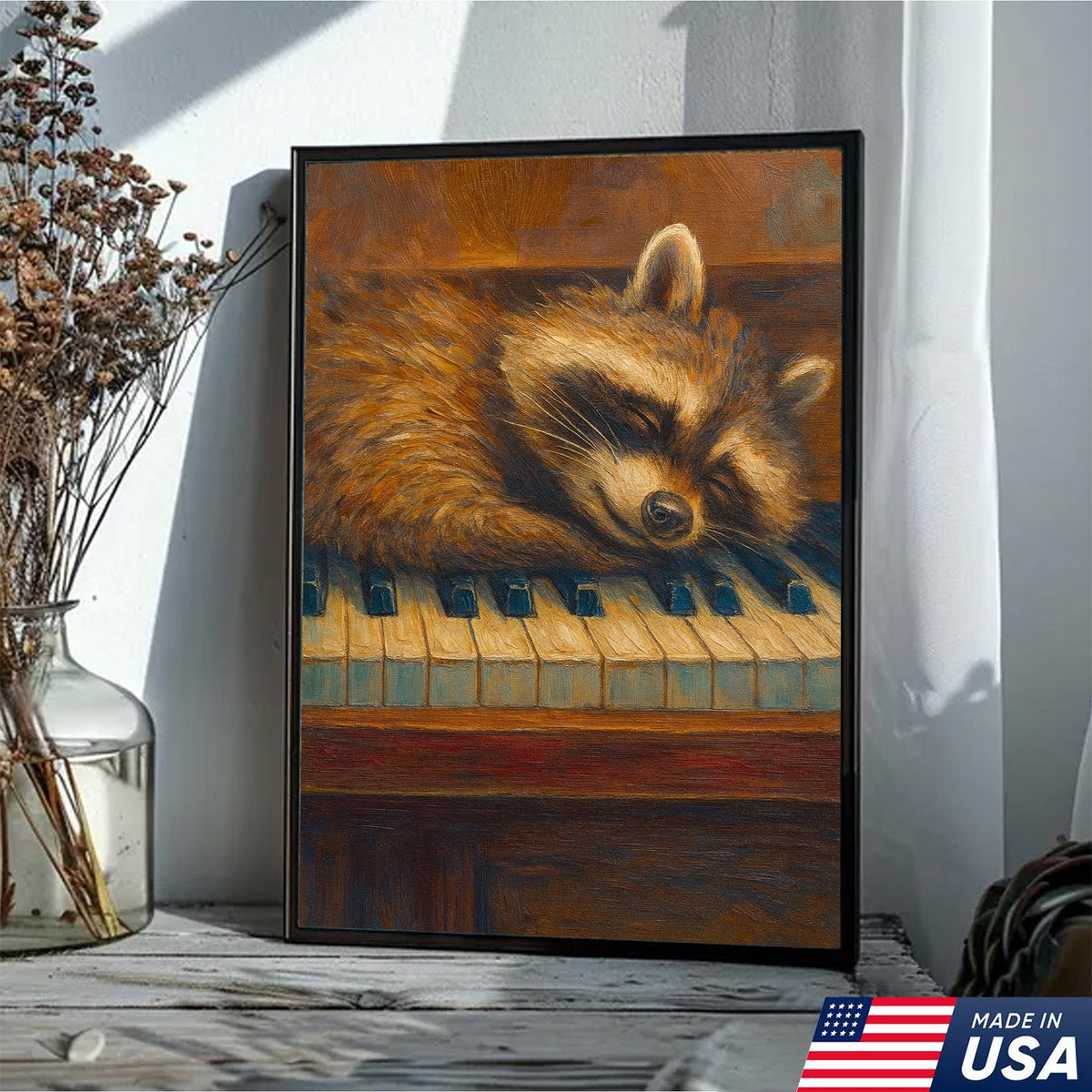 Sleeping Raccoon Wall Art Canvas - Cozy Animal Wall Decor, Cute Raccoon Painting
