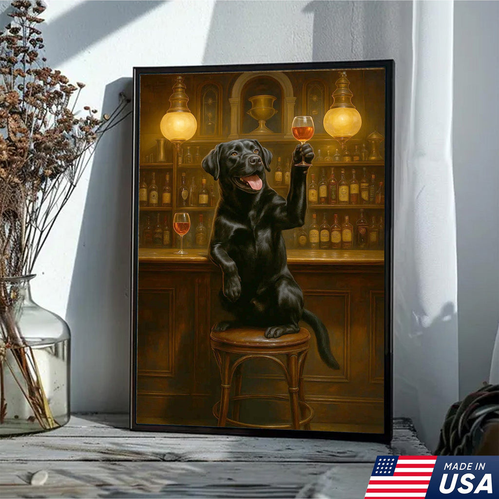 Bar Dog Canvas Art – Cheerful Black Labrador Raising a Fancy Drink