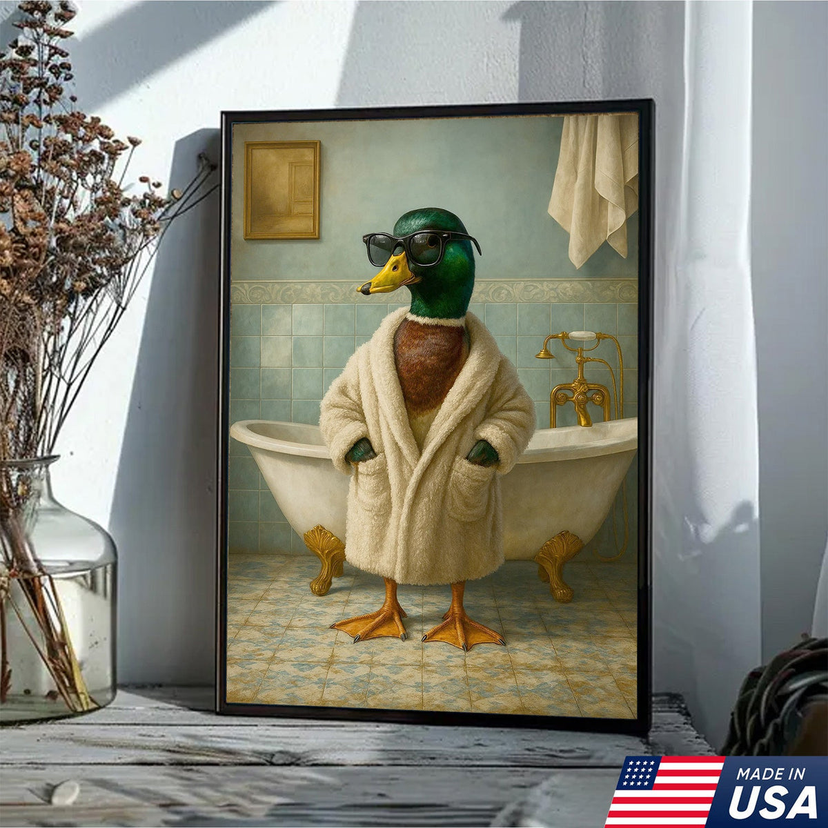 Bathrobe Duck Canvas Art – Cool Duck in Cozy Robe with Sunglasses