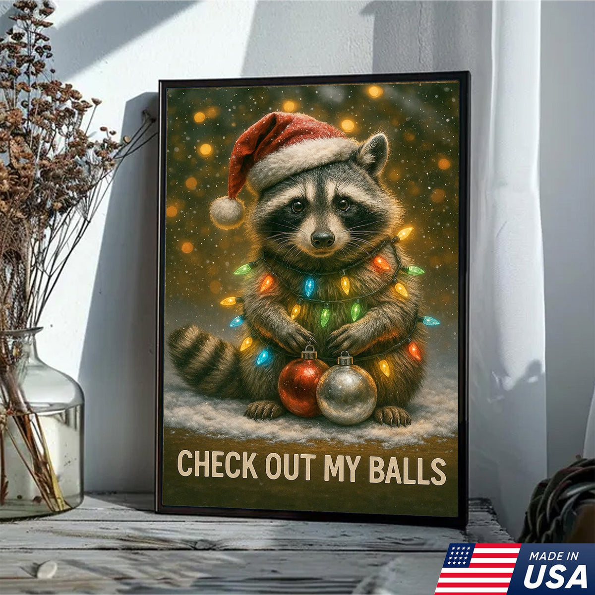 Funny Christmas Raccoon Canvas Art – Cute Holiday Raccoon with Lights & Ornaments