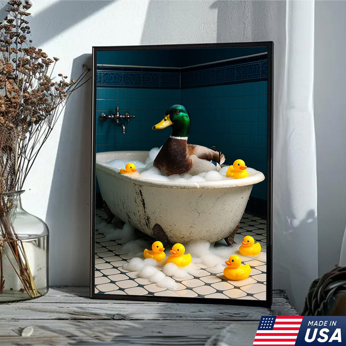 Bubble Bath Duck Canvas Art – Funny Duck in Foamy Tub with Rubber Ducklings
