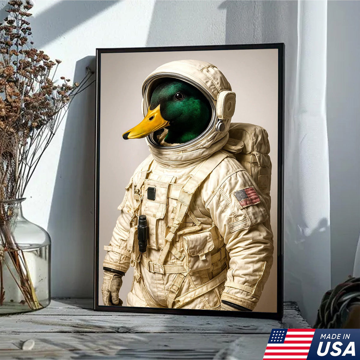 Astronaut Duck Canvas Art – Space Explorer Duck in Full Spacesuit, Whimsical Animal Wall Decor