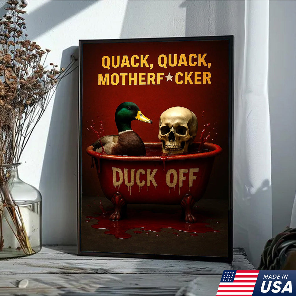 Dark Humor Duck Canvas Art – Savage Duck in Bloody Tub with Skull, Horror-Style “Duck Off” Wall Decor