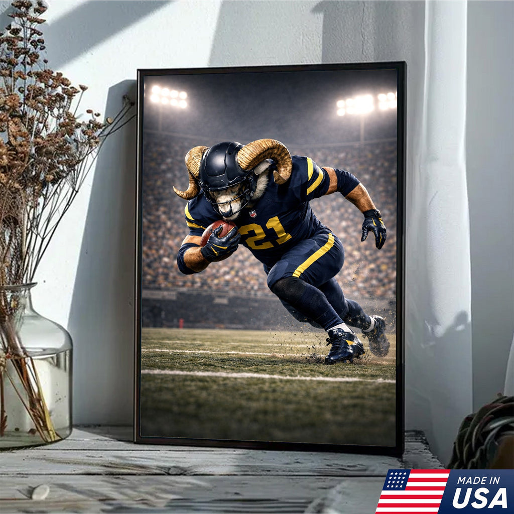 Mighty Ram Football Canvas Wall Art – Horned Athlete Stadium Action Print