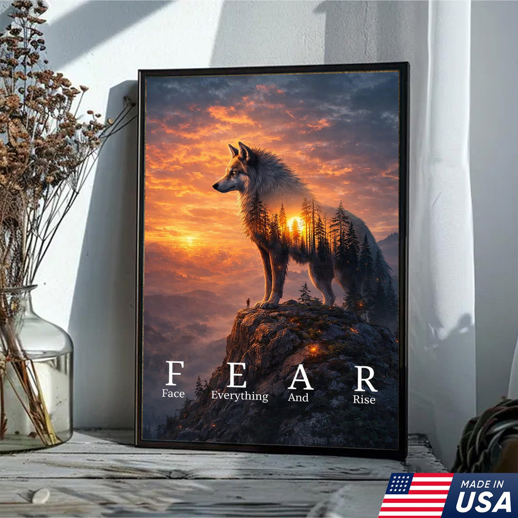 Fear Face Everything And Rise Wolf Canvas Wall Art, Inspirational Sunset Wolf Artwork