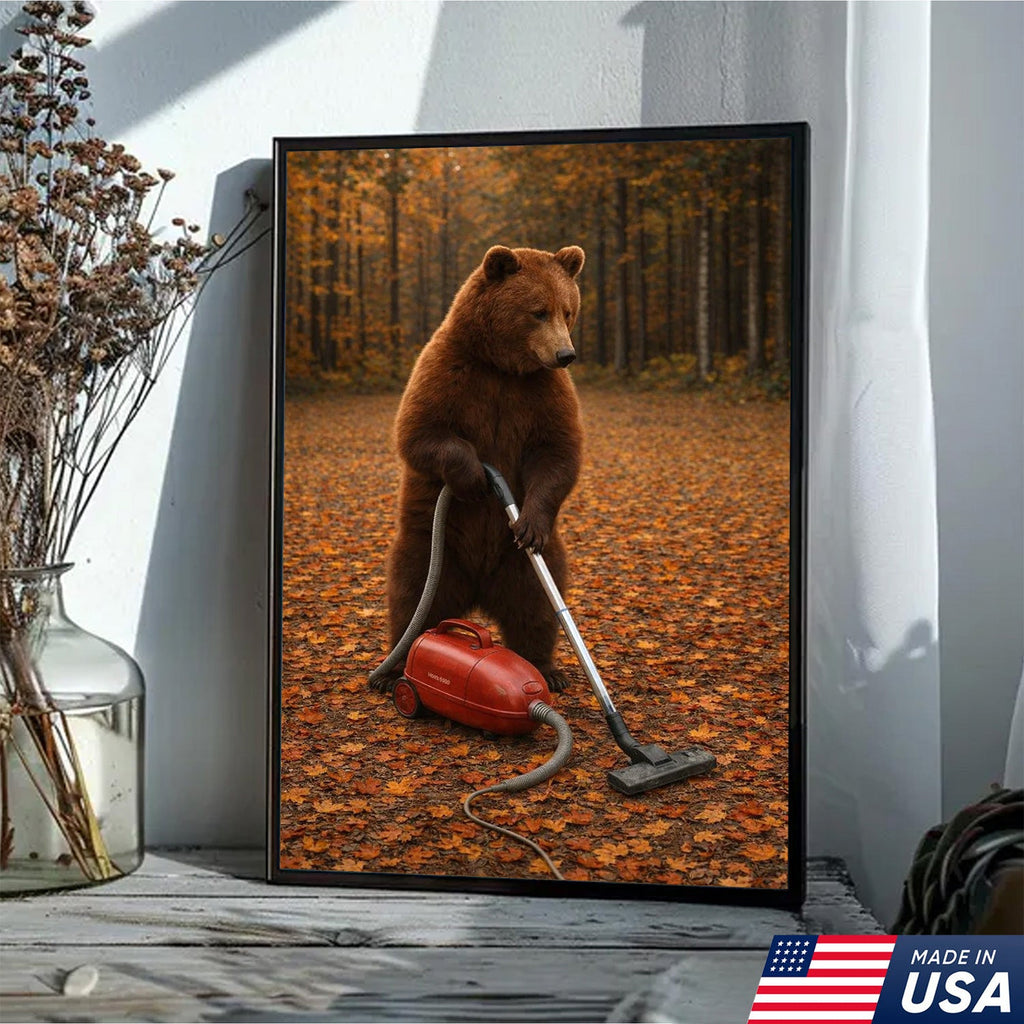 Funny Bear Vacuuming Leaves Canvas Wall Art, Whimsical Autumn Animal Humor Print