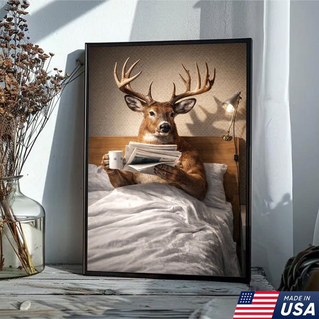 Funny Deer Canvas Wall Art Morning Coffee Newspaper Animal Humor Decor