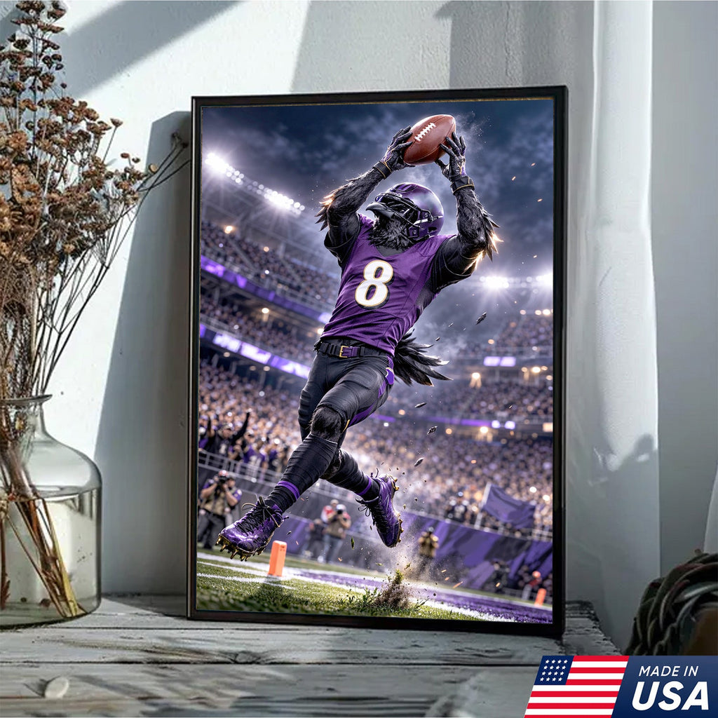 Raven Football Player Canvas Wall Art – Purple Stadium Touchdown Action Print