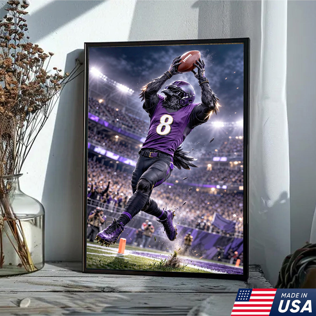 Raven Football Player Canvas Wall Art – Purple Stadium Touchdown Action Print