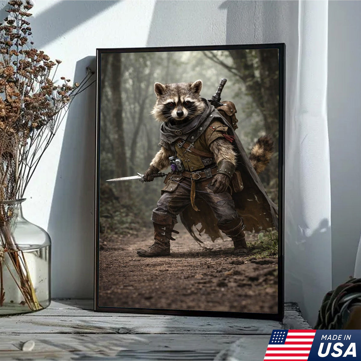 Epic Raccoon Warrior Wall Art Canvas Print, Fantasy Adventurer Animal Illustration