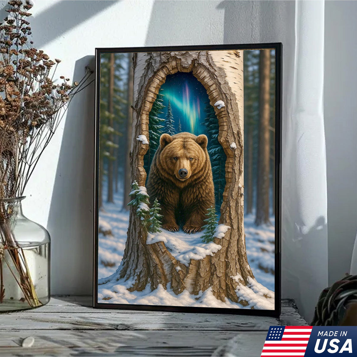 Aurora Borealis Bear in Hollow Tree Canvas Wall Art, Winter Forest Cabin Decor