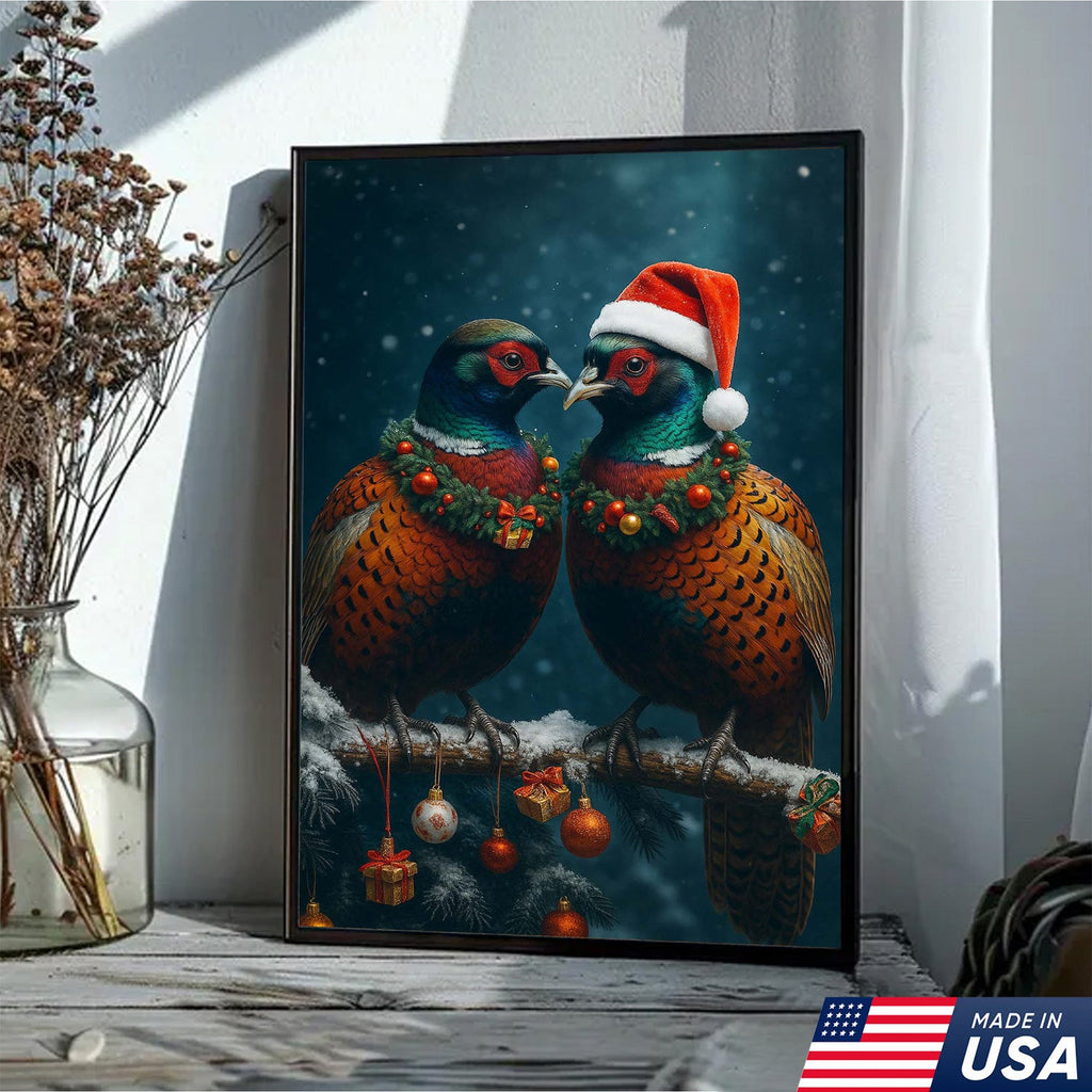 Christmas Pheasant Wall Art Canvas - Holiday Bird Couple Print, Rustic Wildlife Decor