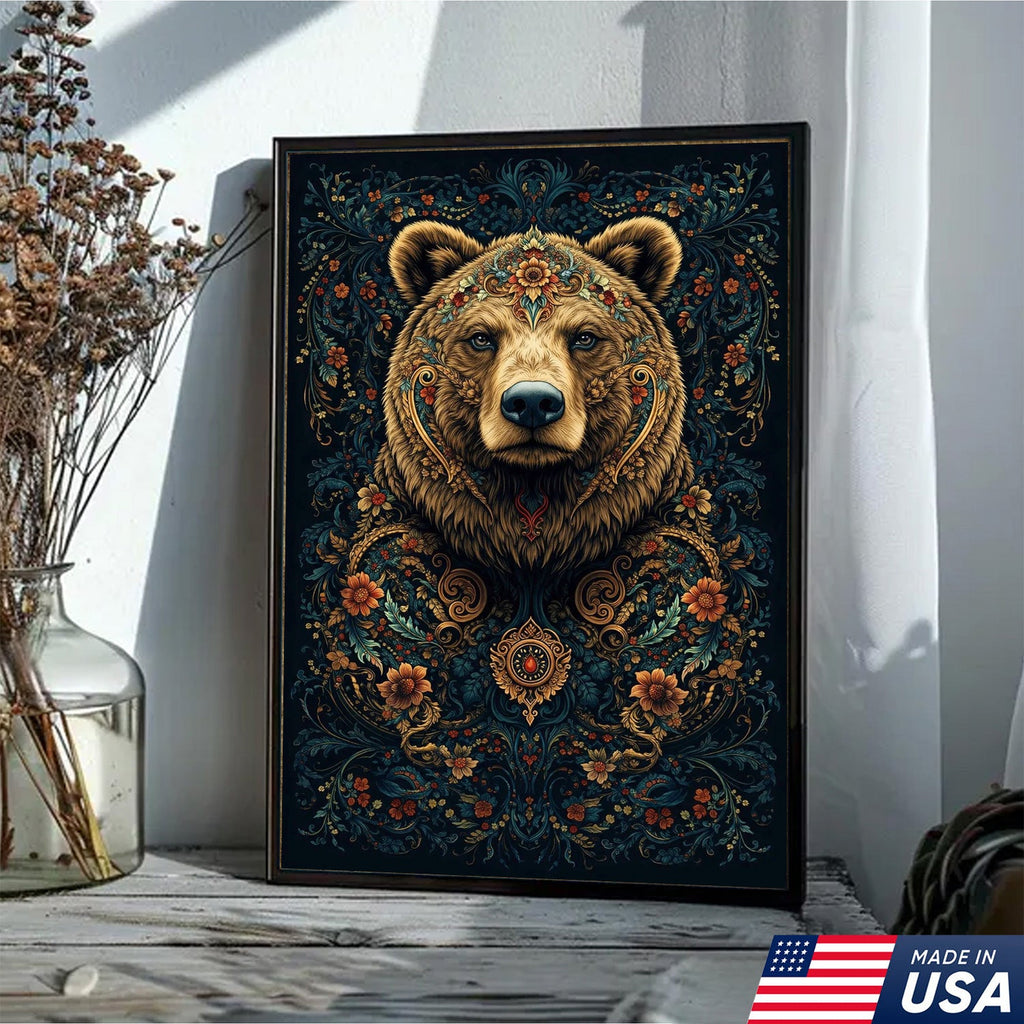 Ornate Floral Bear Canvas Wall Art, Majestic Bear Portrait with Decorative Pattern