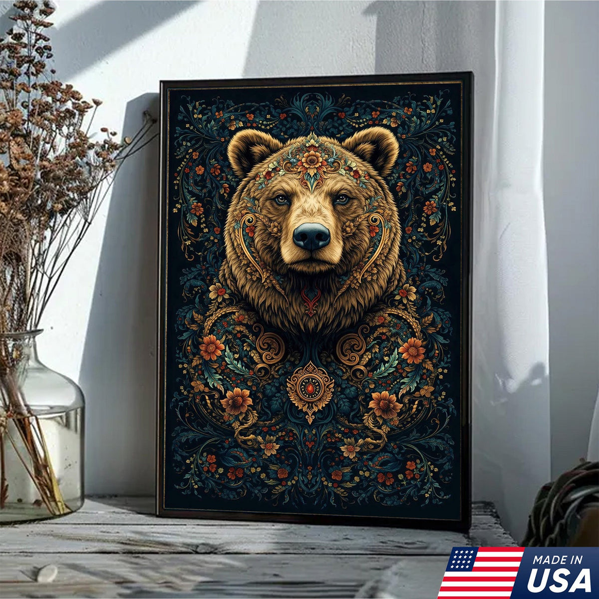 Ornate Floral Bear Canvas Wall Art, Majestic Bear Portrait with Decorative Pattern