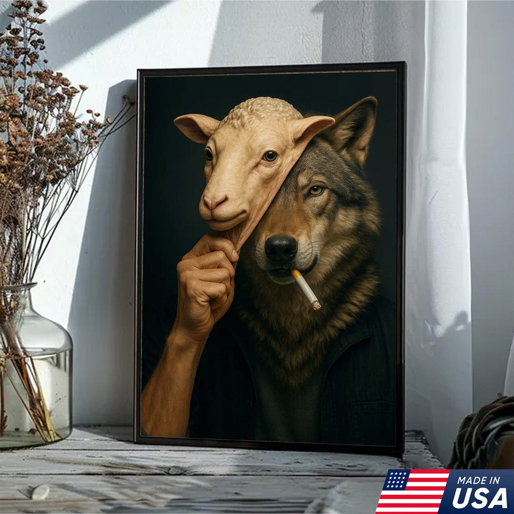 Dark Humor Wolf Wall Art — “Wolf in Sheep’s Clothing” Smoking Cigarette Concept Canvas
