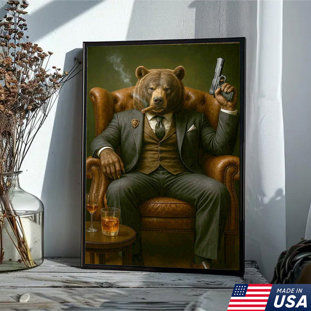 Boss Bear in Tailored Suit Canvas Wall Art, Powerful Gentleman Animal Portrait