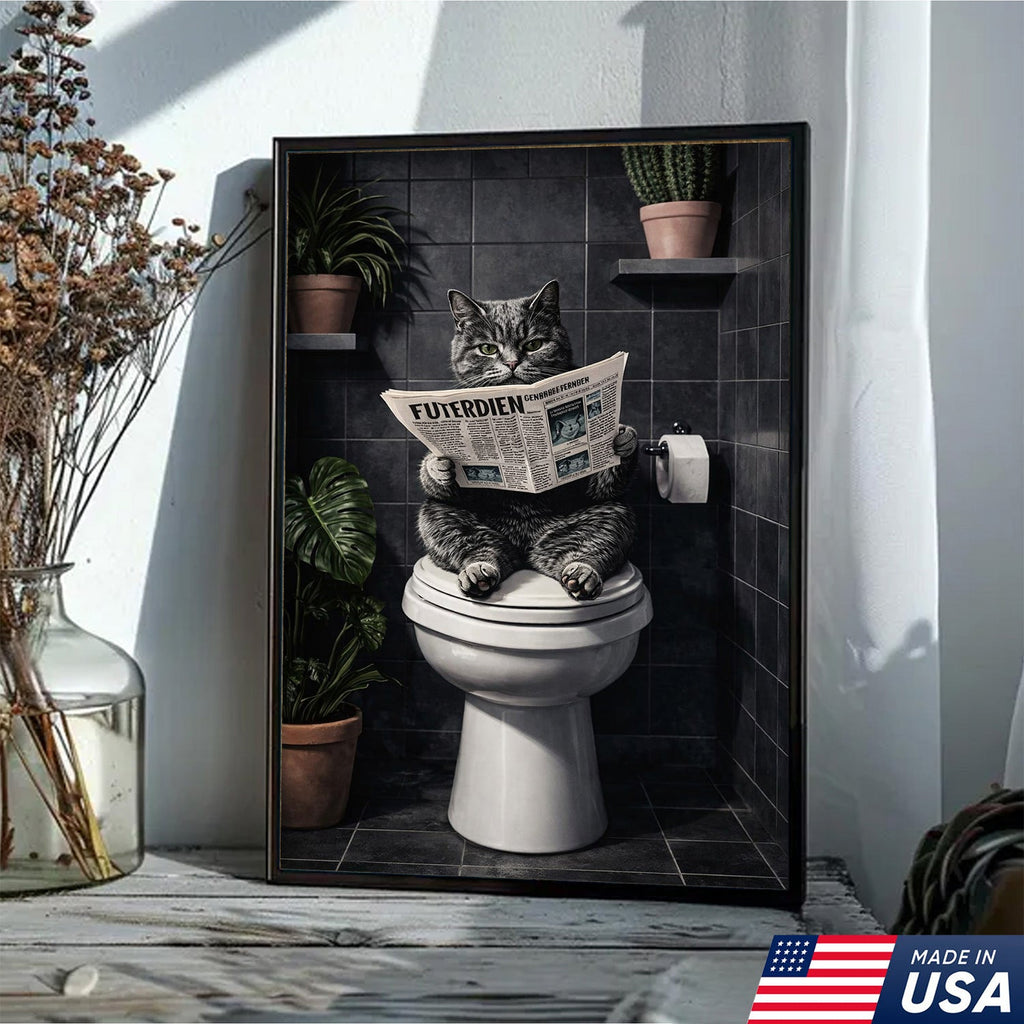 Funny Cat Bathroom Canvas – Cat On Toilet Wall Art – Meme Decor