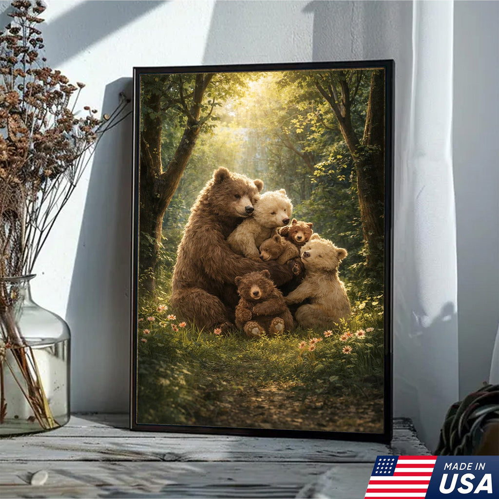 Heartwarming Bear Family Canvas Wall Art, Mother Bear with Cubs in Sunlit Forest