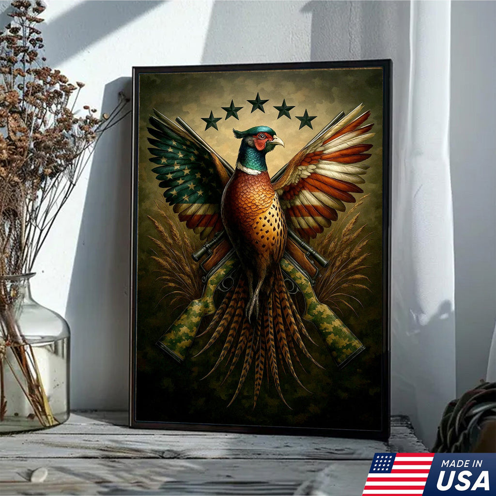 American Flag Pheasant Canvas Wall Art, Patriotic Hunting Decor for Men, Rustic Cabin Artwork