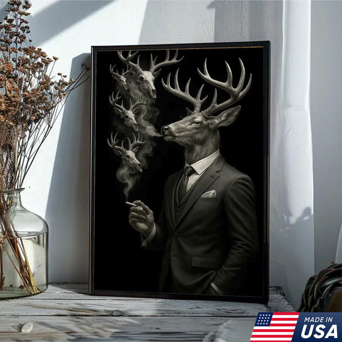 Gentleman Deer Canvas Wall Art, Elegant Buck in Suit Artwork, Rustic Cabin Decor for Hunters