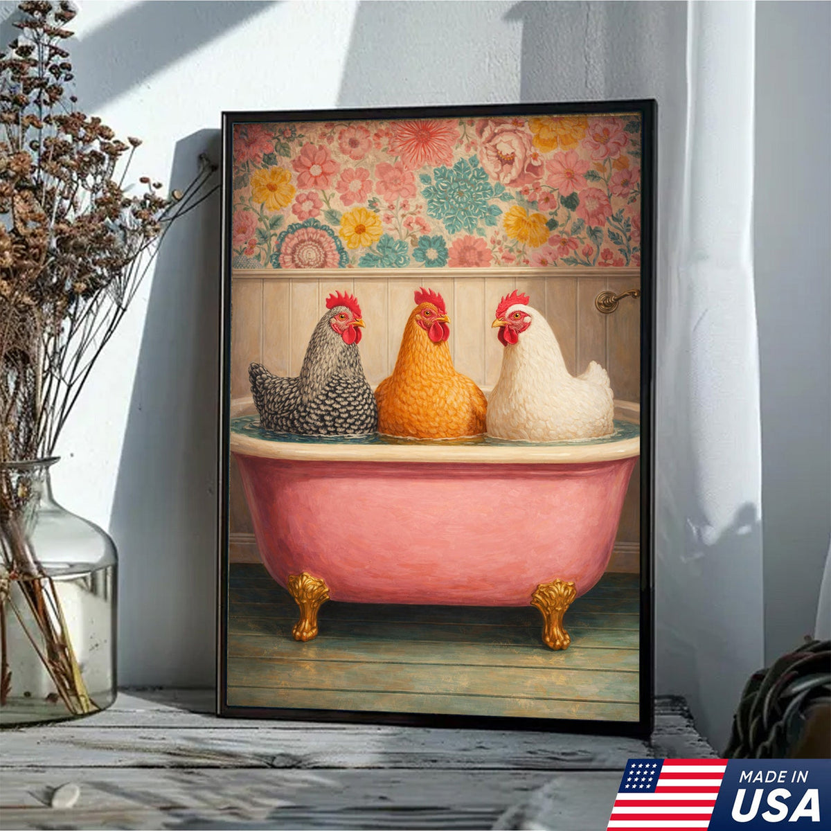 Funny Chicken Bathroom Canvas Wall Art – Chickens In Bathtub Painting